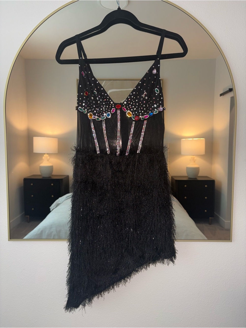 Embellished Black Feather-Trim Mini Dress